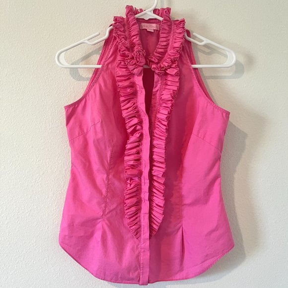 Lilly Pulitzer Tops - Lilly Pulitzer Blouse Button Down Ruffle Sleeveless Pink Top Cotton Women Size 2